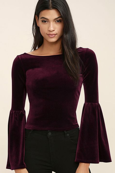 Velvet Tops Outfit, Christmas Fashion Outfits, Velvet Top Long Sleeve, Burgundy Blouse, Stylish Crop Top, Aline Skirt, Velvet Clothes, Velvet Tops, Crop Top Outfits