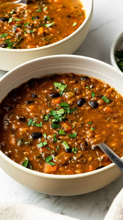 This black bean and lentil soup is packed with nourishing ingredients and is a must-make on cold days! It is perfect for loading up on nutritious vegetables, fiber, and protein. Plus, it's super flavorful and very easy to make. Basic Lentil Soup, Harvest Lentil Soup, Lentil Black Bean Chili, Vegetable Soup Beans, Black Bean Mediterranean Recipes, Jewish Lentil Soup Recipe, Best Legumes To Eat, Black Bean And Lentil Chili, High Iron Bean Soup