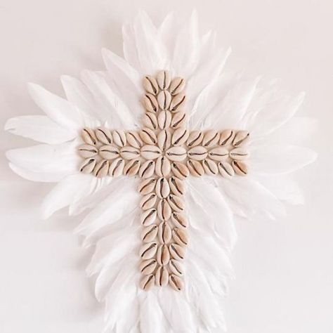 Aimee Wall Cross | Juju Cross Wall Hanging, Shell Cross, Boho Style Home, Eclectic Aesthetic, Coastal Beach House, Cross Wall Decor, Cross Wall, Wall Cross, White Feather