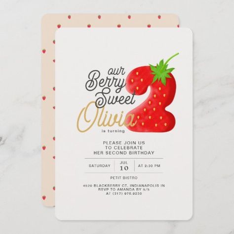 Berry Sweet Strawberry 2Nd Birthday Invitation #zazzle #weddinginvitations #birthdayinvitations #babyshowerinvitations #zazzleinvitations #monogram #businesscards #graduation #homedecor Birthday Party Ideas Summer, Strawberry Party Ideas, Party Ideas Summer, Strawberry Birthday Party, 3rd Birthday Invitation, One Strawberry, Girls 3rd Birthday, Strawberry Birthday, Strawberry Party