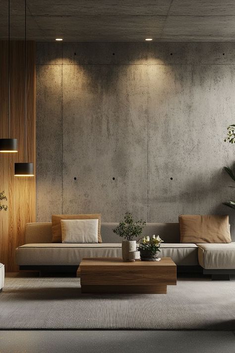 Add industrial elegance to your space with concrete finishes that balance texture and modernity. #ConcreteFinishes #ModernInteriors #IndustrialStyle Concrete Wall Interior Design, Concrete Accent Wall, Concrete Walls Interior, Concrete Wall Texture, Industrial Style Interior, Textured Decor, Concrete Finishes, Wall Texture Design, Industrial Aesthetic