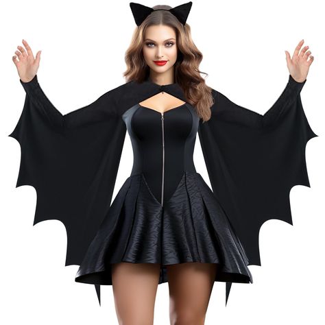 PRICES MAY VARY. 【HIGH MATERIAL】: The bat women costume adult is made of 100% polyester knitted fabric is excellent workmanship, lightweight, and comfortable. This funny Halloween bat costume for women is designed with elastic closure that is easy to put on and take off. The bat costume for women looks very realistic so that is an excellent choice for a Halloween suit. 【Bat COSTUME SIZE】: Funny adult bat costume sizes include S/M and L/XL. bat woman costumes for women including bat headbands and Bat Costume Halloween, Bat Wings Costume, Bat Halloween Costume, Halloween Costume Women, Bat Costume, Halloween Suits, Plus Size Halloween Costume, Unique Costumes, Costume Women