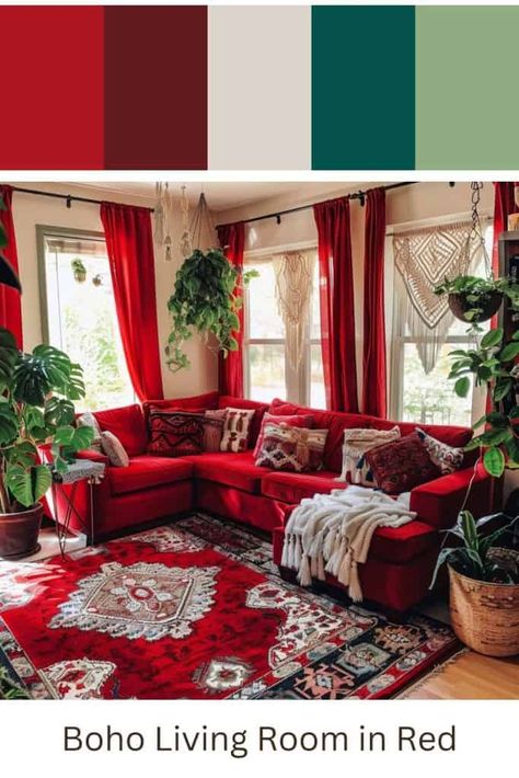 Red Boho Living Room: Color Palette and Houseplants Boho Living Room Red Couch, Red Sofa Decorating Color Schemes, Red Velvet Couch Living Room Ideas, Red Furniture Living Room Ideas, Red Wall Living Room, Red Sofa Living Room Color Schemes, Red Couch Living Room Ideas, Red Living Room Decor Ideas, Red Sofa Decorating