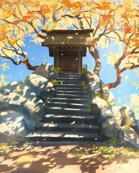 ArtStation - Daily Sketches, Surendra Rajawat Shrine Japanese, Fantasy World Art, Anime Locations, Golden Aura, Animated Illustration, Japanese Background, Shrines Art, Japanese Shrine, Japanese Festival