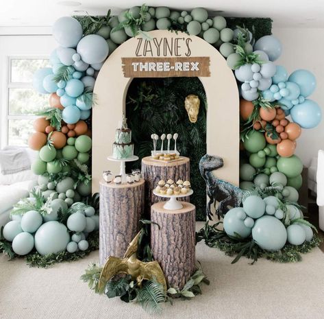 Dinosaur Theme 3rd Birthday, Dinosaur Birthday Party 4 Boy, Dinasour 3rd Birthday Ideas Boy, Chic Dinosaur Party, Baby Boy Dinosaur Birthday Party, Three Rex Backdrop, 3 Rd Birthday Party Ideas Boy Themes, Dinosaur Birthday Balloons, Tree Rex Birthday Party