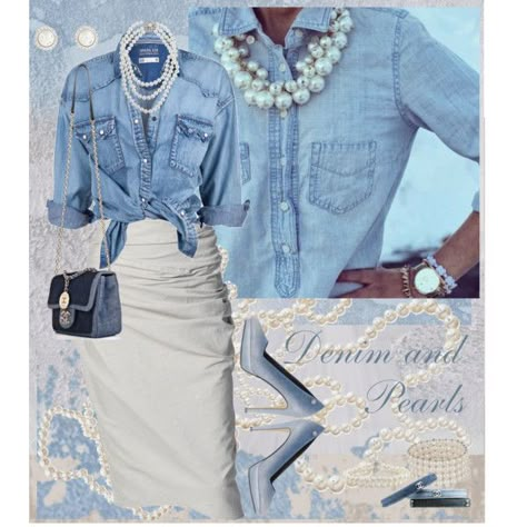 "Denim and Pearls"                                                                                                                                                                                 More Styling Pearls Outfit, Denim And Bling Outfits, Denim Diamonds Theme Outfit, Denim Themed Party Outfit, Denim And Pearls Outfits, Denim And Diamonds Party Outfit, Pearls Outfits, Pearls Outfit, Denim Party Outfit