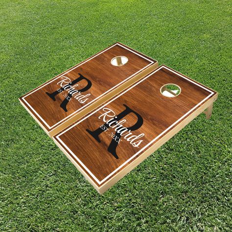 Cornhole Boards Wedding, Wedding Cornhole, Cornhole Boards Designs, Bags Game, Backyard Games, Cornhole Set, Cornhole Boards, Brown Wood, Family Name