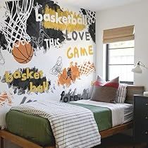 Basketball Themed Bedroom, Basketball Theme Room, Basketball Wall Decor, Basketball Wall Decals, Boys Room Wallpaper, Basketball Bedroom, Basketball Room, Basketball Decorations, Basketball Wall