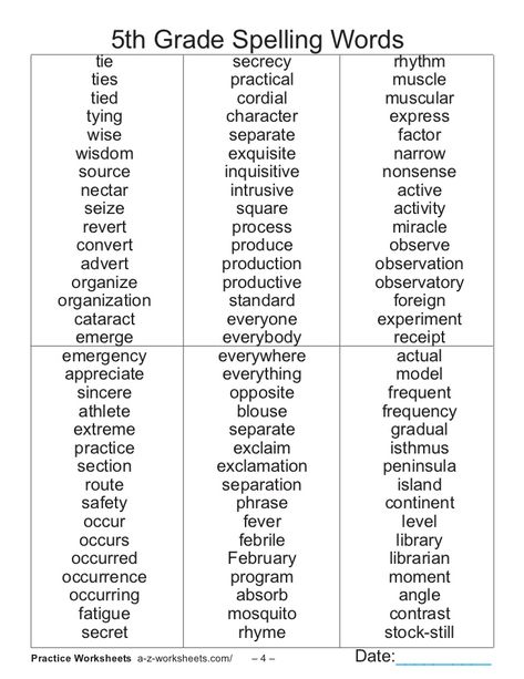 Fifth Grade Spelling Words Worksheet