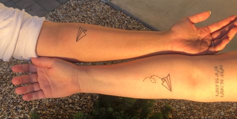 Two paper airplane flying... Taylor Swift Tattoo Ideas Best Friends, Matching Airplane Tattoos, Best Friend Tattoos Airplane, Matching Paper Airplane Tattoo, Taylor Swift Bff Tattoos, Two Paper Airplanes Flying Taylor Swift Tattoo, Two Paper Airplanes Flying Tattoo, Matching Taylor Swift Tattoos, Taylor Swift Matching Tattoos