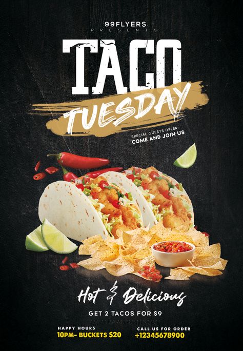 Download Taco Tuesday Party PSD Flyer Template for free. This flyer is editable and suitable for any type of any food & beverage related businesses #Food #Taco #Party #Fastfood Taco Flyer Design, Flyers Food Design, Food Beverage Design, Taco Advertising, Taco Poster Design, Flyer Food Design, Taco Tuesday Flyer, Taco Poster, Taco Tuesday Party