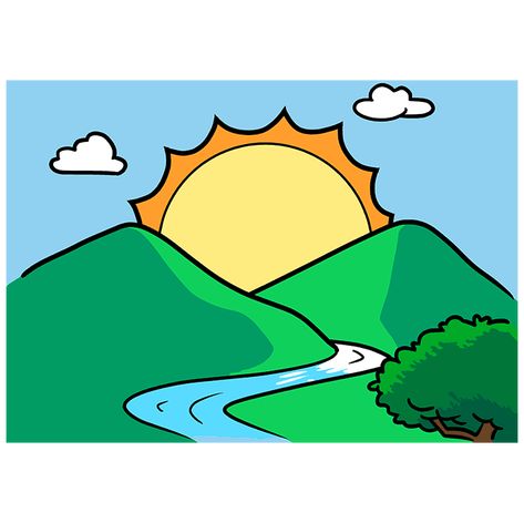 How to Draw a Sunrise Step 10 New Drawing Ideas, Sunset Song, Sunrise Drawing, Landscape Drawing Tutorial, Easy Drawing Guides, Drawing Steps, Earths Rotation, Sun Drawing, Drawing Guides