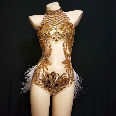 Sparkly Gold Silver Rhinestones Bodysuit Women Sexy See Trough Feather Tail Birthday Party Nightclub Singer Dance Stage costume - AliExpress 200000532