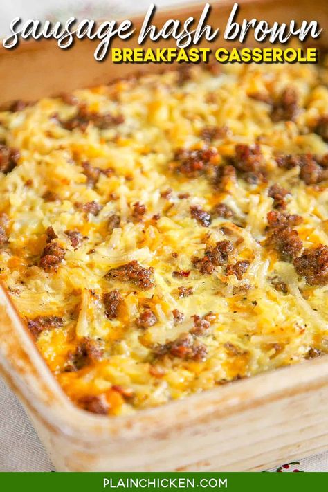 Sausage Hash Brown Breakfast Casserole - hash browns, sausage, eggs & cheese - can be made ahead of time and refrigerated or frozen until ready to bake! Great for overnight guests and Christmas morning! Bfast Casserole With Hashbrowns, Sausage Hashbrown Casserole, Sausage Hashbrown Breakfast, Sausage Hash Brown Breakfast Casserole, Breakfast Casserole With Hashbrowns, Hash Brown Breakfast Casserole, Sausage Hashbrown Breakfast Casserole, Hash Brown Breakfast, Morning Recipes Breakfast