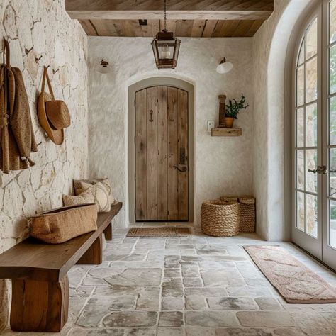 Cobblestone Mudroom, Fairytale Style Home, Italian Style Entryway, Rustic French Country Kitchen Design, French Vintage Interior, Tuscan Entryway Ideas, French Country Mudroom Ideas, French Mudroom, French Country Mood Board