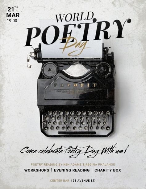 World Poetry Day Flyer Template | PosterMyWall World Poetry Day Creative Ads, Poetry Day Ideas, World Poetry Day Poster, Poetry Reading Event, Poetry Event Poster, All Souls Day Poster, Poetry Poster Design, Poetry Layout, Poetry Posters Design