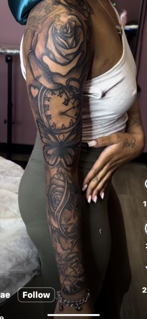 Full Sleeves For Women Tattoo, Middle Of Arm Tattoos For Women, Medusa Tattoo Black Women Arm, Flower Tattoos Sleeve Black Women, Hard Sleeve Tattoos For Women, Word Sleeve Tattoos For Women, Sleeve Tattoo Inspo For Women, Woman Tattoo Sleeve Ideas, Women Full Sleeve Tattoo Ideas