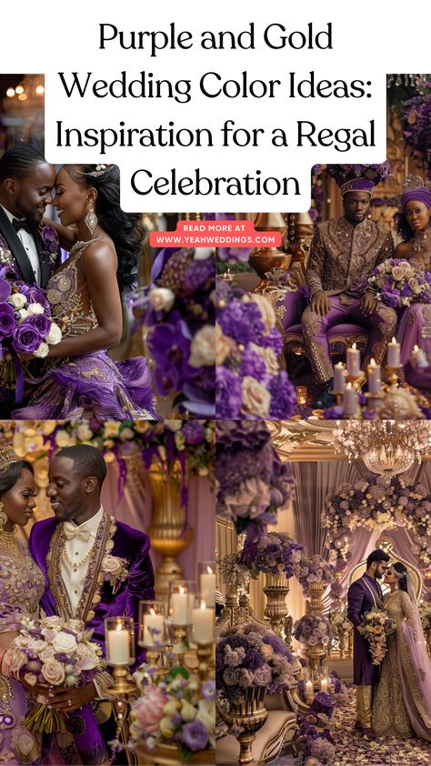 A stunning wedding couple in full body, surrounded by elegant purple and gold decor, showcasing the regal theme of their celebration with matching flowers and attire. Gold White Purple Wedding, Purple And Gold Wedding Decorations, Royal Purple And Gold Wedding, Color Schemes Purple, Purple And Gold Wedding Theme, Plum And Gold Wedding, Dark Purple Wedding Theme, Purple Gold Wedding, Copper Wedding Theme