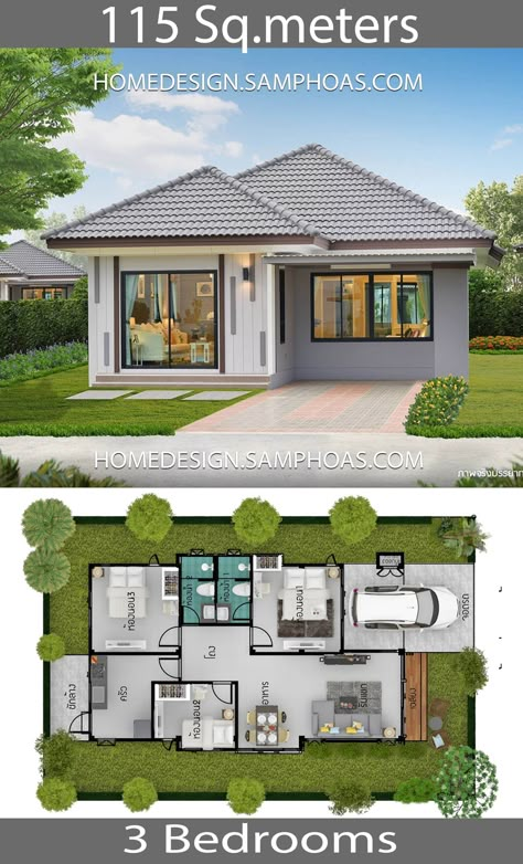 115 Sqm 3 Bedrooms Home Design Idea - Home Ideas Three Bedroom House Plan, Bedroom Decor Gray, Modern Bungalow House, Three Bedroom House, 4 Bedroom House Plans, Two Story House, Garage House Plans, Simple House Design, House Plan Gallery