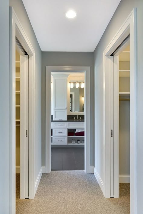 separate his and her closets are located on either side of a hallway, which leads you directly to the master bathroom. Closet To Bathroom, Walk Through Closet, Bathroom And Walk In Closet, Bedroom With Bathroom, Best Kitchen Design, Bedroom Addition, Closet And Bathroom, Closet Layout, Bad Design