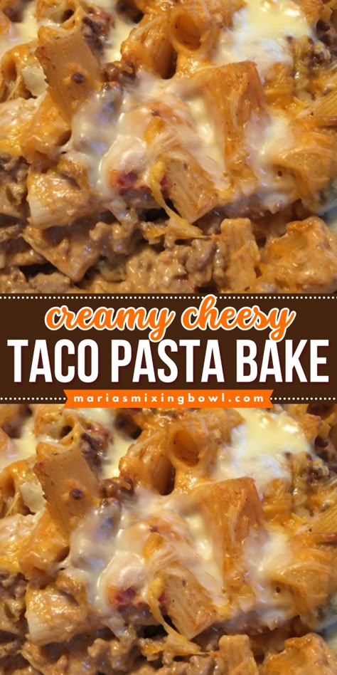 Creamy Cheesy Taco Pasta Bake-An easy and cheesy taco pasta bake! This pasta is creamy, cheesy, and oh so yummy. Full of taco flavors, a family favorite. Baked Pasta Recipes No Meat, Taco Mac N Cheese Recipe, Velveeta Taco Pasta, Taco Alfredo Pasta, Taco Casserole With Noodles, Pasta Taco Bake, Velveeta Pasta Recipes, Taco Noodles, Easy Pasta Bake Recipes