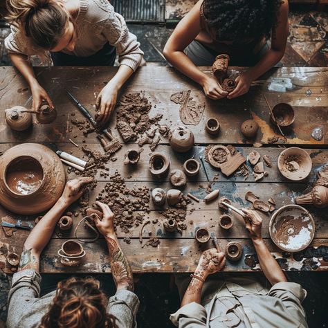 Creative Clay Crafting: Artists engrossed in pottery making, hands shaping clay with focus at a rustic workshop. #pottery #creativity #art #workshop #clay #hands #crafting #artists #aiart #aiphoto #stockcake https://ayr.app/l/vp24 Clay Diy Aesthetic, Pottery Moodboard, Pottery Photoshoot, Workshop Pottery, Rustic Workshop, Pottery Aesthetic, Clay Hands, Making Ceramics, Clay Workshop