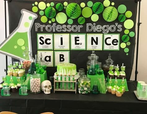 Mad Science Lab / Birthday "Professor Diego’s Science Laboratory " | Catch My Party Lab Birthday Party, Mad Science Lab, Science Themed Birthday Party, Science Decorations, Science Lab Decorations, Science Party Decorations, Science Themed Party, Science Birthday Party Ideas, Mad Scientist Halloween