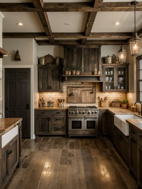 Vintage Barndominium Ideas, Diy Farm Kitchen, Farmhouse Barndominium Ideas, Kitchen Log Home, Log Cabin Homes Interior Kitchen, Rustic Barndominium Interior, Barndominium Kitchen Open Concept, Lake House Kitchen Ideas, Barndominium Kitchen Ideas