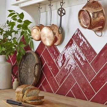 Kitchen Wall Tiles | Low Prices, Fast Delivery | Walls and Floors Red Tile Kitchen, Interior Posts, Herringbone Tiles, Stone Mosaic Wall, Glazed Walls, Indoor Tile, Metro Tiles, Red Tiles, Herringbone Tile