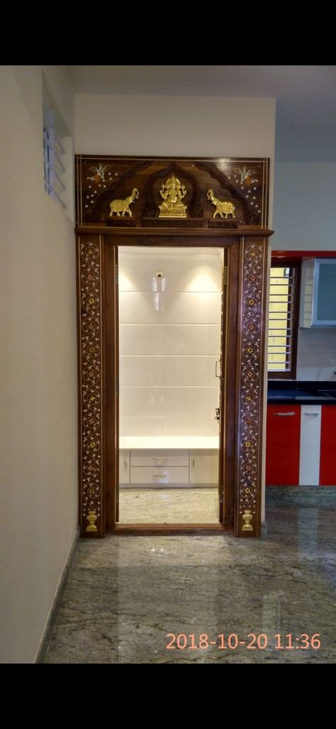 Pooja Room Design South Indian, Indian Pooja Room Door Designs, Pooja Room Interior Design Indian, New Pooja Room Designs, Wood Pooja Room Design, Pooja Room Doors Ideas Indian, Mandir Tiles Design, Simple Pooja Room Door Design Indian, Puja Room Tiles Design