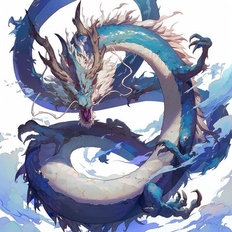 Long Chinese dragon in blue, white background, anime style. Blue Eastern Dragon, Long Dragon Art, Chinese Dragon Oc, Blue Dragon Anime, Mythical Dragon Art, White Background Anime, Blue Dragon Art, Blue Japanese Dragon, Asian Dragon Art