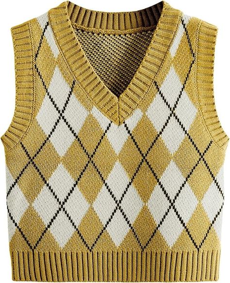 SweatyRocks Women's Plaid Geo Sleeveless V Neck Knit Crop Top Sweater Vest White Yellow M at Amazon Women’s Clothing store Yellow Sweater Vest Outfit, Yellow Sweater Vest, Crop Sweater Vest, Pattern Sweater Vest, Sweaters Vest, Plaid Sweater Vest, Go Dog Go, Sweater Vest Outfit, Argyle Sweater Vest