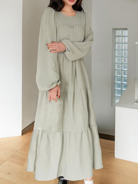 DAZY Bishop Sleeve Ruffle Hem Smock Dress Chiffon Long Sleeve Maxi Dress, Long Smock Dress, Long Sleeve Loose Dress, Loose Long Dress, Long Loose Dress, Modest Long Sleeve Smock Dress, Modest Dress Styles, Modest Dress Designs, Round Dress Design