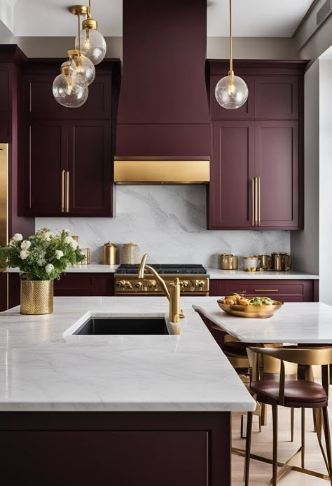 Burgandy Kitchen Cabinet, Wine Colored Cabinets, Wine Colored Kitchen Cabinets, Eggplant Kitchen Cabinets, Maroon Kitchen Ideas, Burgundy Kitchen Decor, Wine Color Kitchen, Burgundy Cabinets Kitchen, Burgundy Kitchen Walls