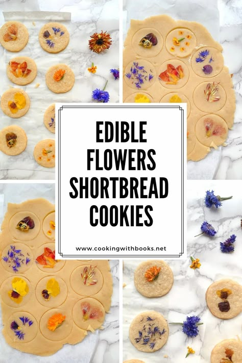 Edible Flowers Shortbread Cookies from Cooking with Books | Sometimes, the simplest recipes are the ones that bring me the most joy. These Edible Flowers Shortbread Cookies are easy to make and look impressive with very quick steps! Flower Cookies Recipe, Recipes Salad Healthy, Flowers Cookies, Kitchen For Cooking, Flowers Recipes, Flower Desserts, Edible Flowers Recipes, Flower Recipes, Countryside Life