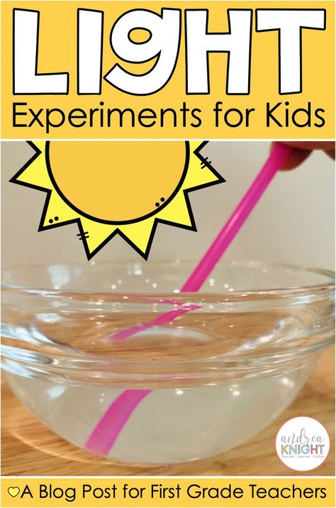 These hands-on light experiments for first grade kids are fun, engaging, and aligned to the NGSS. Each science lab teaches children something unique about how light behaves, while introducing them to key vocabulary such as refract, reflect, transparent, translucent, and opaque. Click through to the blog post to grab lots of ideas for your lesson planning. You'll find plenty of book recommendations and student activities to help you get started. Let's go! Science Light Activities, Light Experiments For Kids, Light Energy Activities, Light Science Experiments, Light Reflection And Refraction, Shadow Activities, Light Experiments, Sound Science, Light Science