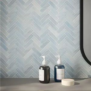 Blue Herringbone Backsplash, Coastal Tile, Subway Tile Herringbone, Blue Herringbone Tile, Herringbone Tile Bathroom, Herringbone Subway Tile, Chevron Backsplash, White Herringbone Tile, Blue Subway Tile