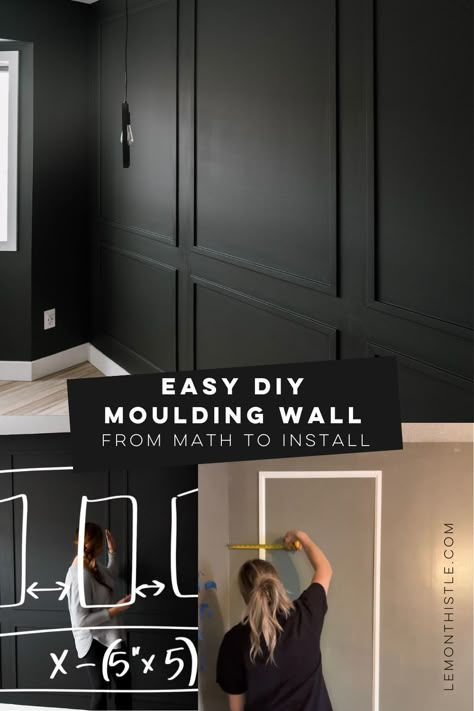 this is such a great tutorial with tips on how to layout the moulding wall and calculate materials plus installing and finishing tips Diy Molding Wall Bedroom, Picture Frame Trim Bedroom, Easy Moulding Diy, Dark Wall Molding, Trim Feature Wall Bedroom, Molding On Bedroom Walls, Framing Bedroom Wall, How To Do Molding On Walls, Add Dimension To Wall