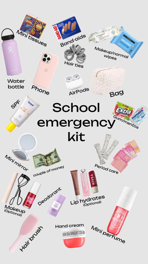 Emergency kit for school #schoolbag #makeup High School Essentials, In My School Bag, Kit For School, Trip Essentials Packing Lists, My School Bag, Sleepover Essentials, Middle School Essentials, Road Trip Kit, High School Tips