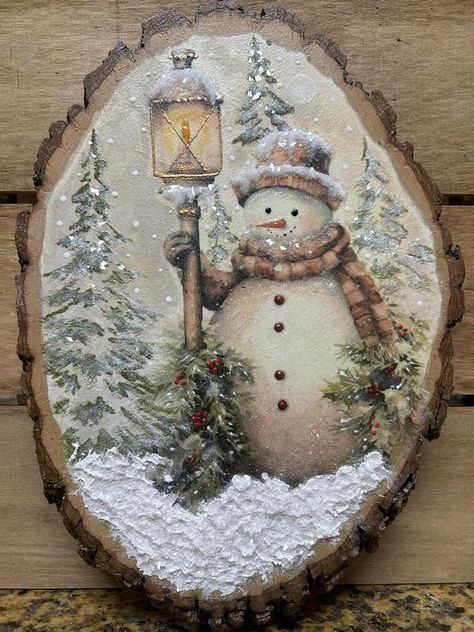 Official Mod Podge Group | Snowman on a wood slice  | Facebook Reversible Wood Slice Pumpkins And Snowman, Mod Podge Crafts Christmas, Hobby Lobby Wood Ornament Ideas, Tim Holtz Wood Slices Ideas, Wood Slice Decoupage, Diy Snowmen Ornaments, Decopage Ornaments Christmas Gift Ideas, Decoupage On Wood Slices, Christmas Wood Slice Painting