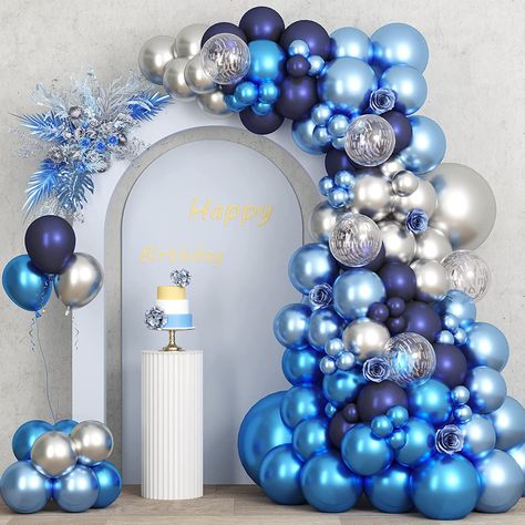 #blueballoons #navyballoons #garlandarch #silverballoons #birthday #graduation #babyshower #decoration #party Confetti Balloon Gender Reveal, Confetti Gender Reveal, Ocean Theme Party, Camping Theme Party, Party Girlande, 30 Birthday, Silver Balloon, Metallic Balloons, Balloon Kit