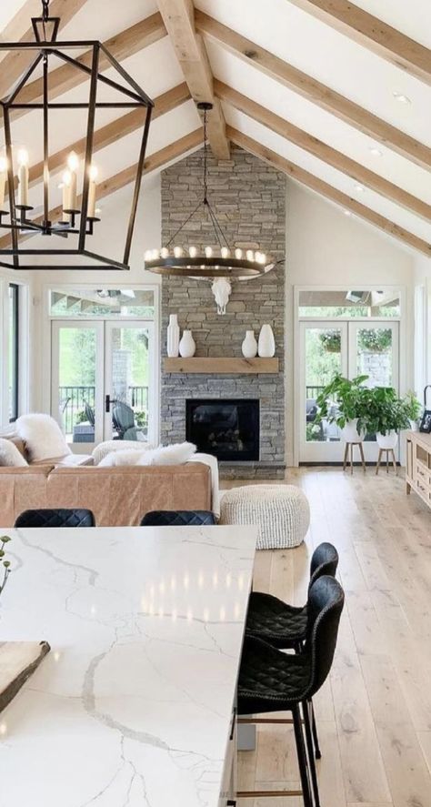 Cathedral Beams Vaulted Ceilings, Living Room Peaked Ceiling, Farmhouse Living Room Tall Ceilings, Cathedral Ceiling Chandelier, Vault Ceiling Beams, Vaulted Ceiling Lake House, Beams On A Vaulted Ceiling, High Ceiling Living Room Beams, Farmhouse High Ceiling Living Room