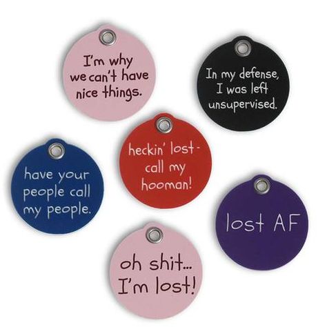 Funny Dog Tags For Dogs, Cute Dog Tag Sayings, Engraved Dog Tags For Dogs, Funny Dog Collar Tags, Pet Tag Ideas, Dog Tag Engraving Ideas, Funny Dog Tags Hilarious, Dog Tag Ideas Funny, Diy Dog Tags Pets