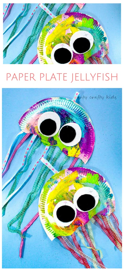 Arty Crafty Kids | Craft | Paper Plate Jellyfish Craft | Easy Jellyfish craft for kids - perfect for an under the sea theme at school or preschool! Wolverines Animal, Jellyfish Craft For Kids, Paper Plate Jellyfish, Under The Sea Crafts, Jellyfish Craft, Paper Plate Crafts For Kids, Improvement Quotes, Craft Easy, Sea Crafts