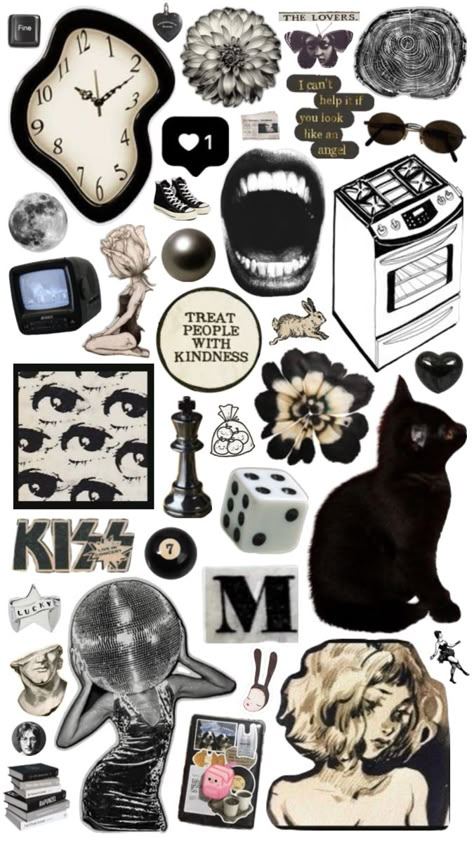 Scrapbook Printing Black And White, Black And White Scrapbook Stickers, Magazine Clippings Png, Scrapbook Printables Black And White, Gothic Collage Art, Stickers Packs Aesthetic, Cut Outs For Collage, Emo Scrapbook, Instagram Scrapbook Ideas