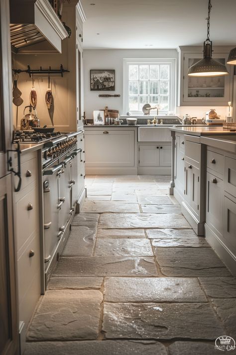 Farmhouse Kitchen Flooring Ideas - Quiet Minimal Kitchen Brick Flooring, Stone Floor Mudroom, Brick Basement Floor, Cobblestone Flooring Interior, Kitchen With Stone Floor, Kitchen Floor Farmhouse, Cottage Flooring Ideas, Stone Floor Cottage, Tile Floor Farmhouse