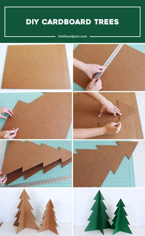 Welcome to Elf Mode Day 7: DIY Cardboard Christmas Trees To make the trees, you’ll need:CardboardRulerPencilX-actoPaint (optional) For the bigger tree, I cut 2 boards at 17 1/2” x 23”.Then, I creat… Cardboard Christmas Tree Diy, Diy Cardboard Tree, Christmas Cardboard Decorations, Cardboard Christmas Crafts, Cardboard Christmas Decorations, Cardboard Trees, Crafts Room Ideas, Paper Christmas Trees, Cardboard Tree