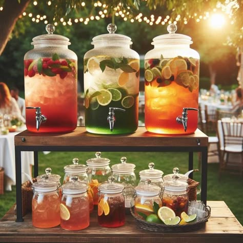 25 Cool Drink Stations For Outdoor Parties » HomeDecorFull Outdoor Bar Party Ideas, Drink Dispensers Wedding, Drink Table For Party, Backyard Party Drinks, Mocktail Drink Dispenser, Outdoor Party Decoration Ideas, Garden Cocktail Party Decorations, Outdoor Bar For Party, Drinks Station Party