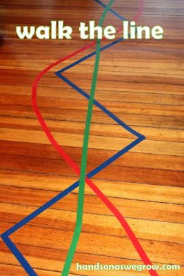 From handsonaswegrow.com: "I taped some fun lines on the floor in three different colors.  A blue zig zag line.  A red curvy line.  And one straight line in green.  We ended up with two activities with this one setup with colored tape.  1. Walk the line of colored tape.  2. Blow pom poms along the coordinating color line." Eyfs Topics, Physical Activities For Preschoolers, Playing Preschool, March Preschool, Gym Activities, Colored Tape, Transportation Theme, Gross Motor Activities, Movement Activities