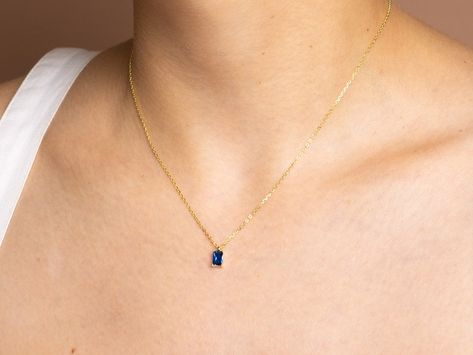 Sapphire Baguette 14K Gold Plated Pendant Necklace September | Etsy Dainty Sapphire Necklace, Sapphire Necklace Simple, Sapphire Jewelry Necklace, Silver Sapphire Necklace, Blue And Gold Necklace, Sapphire Necklace Gold, Mens Necklace Fashion, September Birthstone Necklace, Sapphire Pendant Necklace